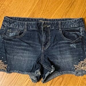 Maurices Dark Blue Jean Shorts with Embroidered Detail